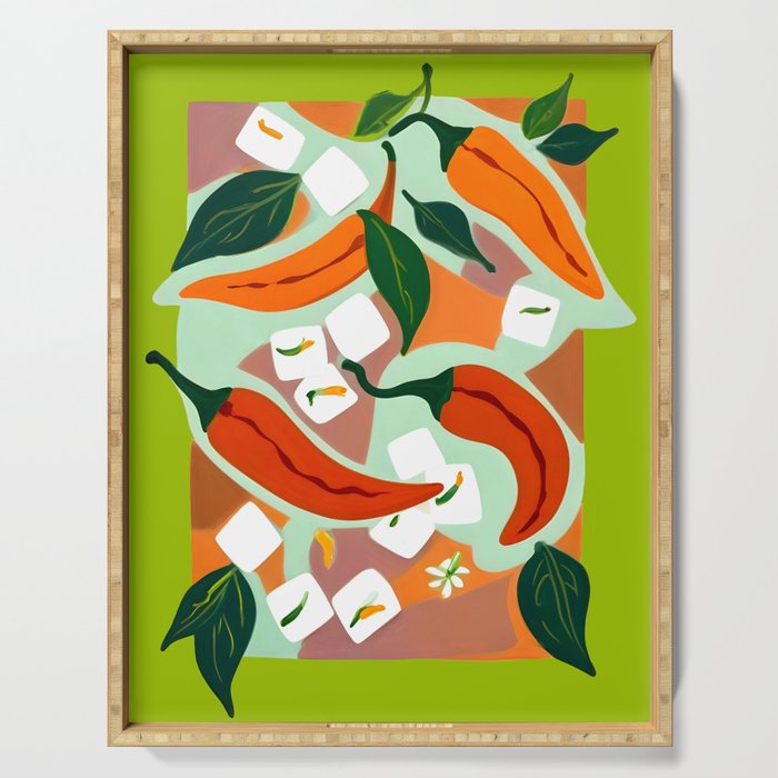 Chilies & Ice Cubes, Plants Botanical Contrast Veggies, Kitchen Cook Food, Spicy Recipe Eclectic Bohemian Painting Serving Tray Gallery Image 1