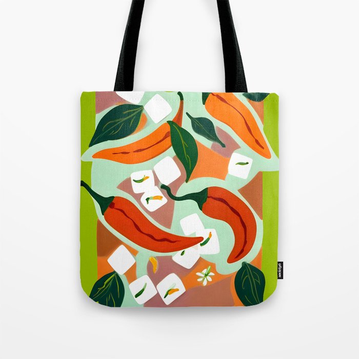 Chilies & Ice Cubes, Plants Botanical Contrast Veggies, Kitchen Cook Food, Spicy Recipe Eclectic Bohemian Painting Tote Bag Gallery Image 1