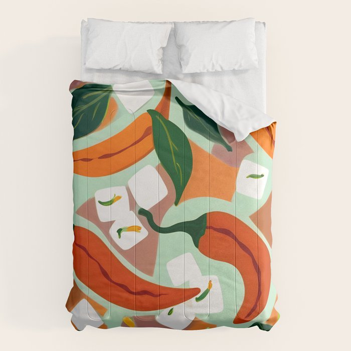 Chilies & Ice Cubes, Plants Botanical Contrast Veggies, Kitchen Cook Food, Spicy Recipe Eclectic Bohemian Painting Comforter Gallery Image 6