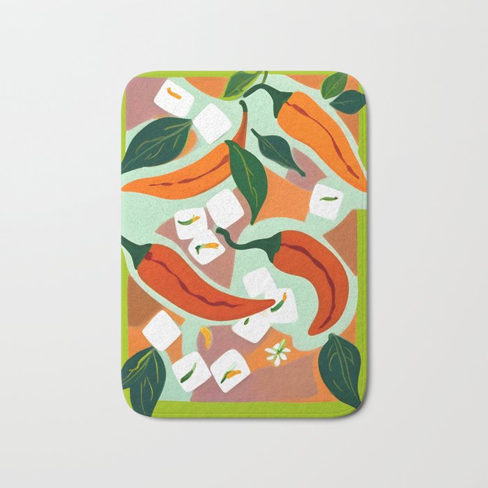 Chilies & Ice Cubes, Plants Botanical Contrast Veggies, Kitchen Cook Food, Spicy Recipe Eclectic Bohemian Painting Bath Mat Gallery Image 1