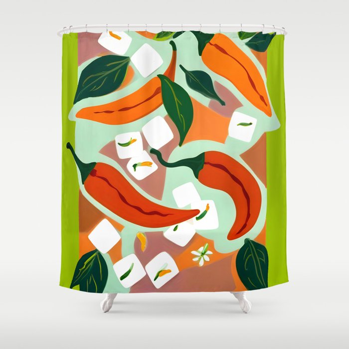 Chilies & Ice Cubes, Plants Botanical Contrast Veggies, Kitchen Cook Food, Spicy Recipe Eclectic Bohemian Painting Shower Curtain Gallery Image 1