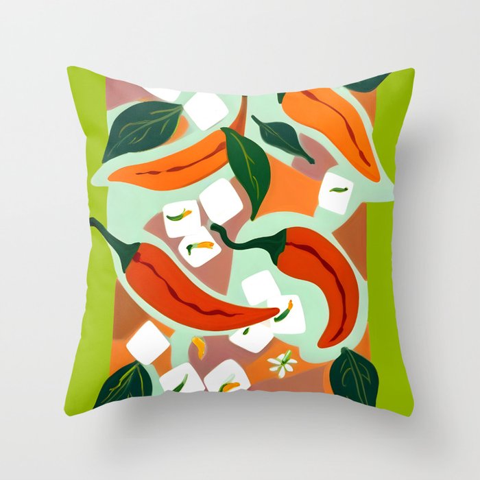 Chilies & Ice Cubes, Plants Botanical Contrast Veggies, Kitchen Cook Food, Spicy Recipe Eclectic Bohemian Painting Throw Pillow Gallery Image 1