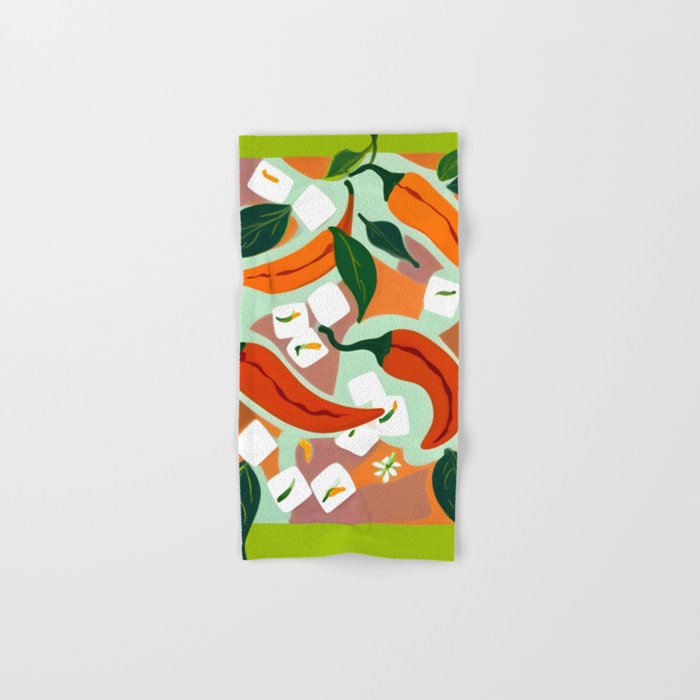 Chilies & Ice Cubes, Plants Botanical Contrast Veggies, Kitchen Cook Food, Spicy Recipe Eclectic Bohemian Painting Bath Towel Gallery Image 1
