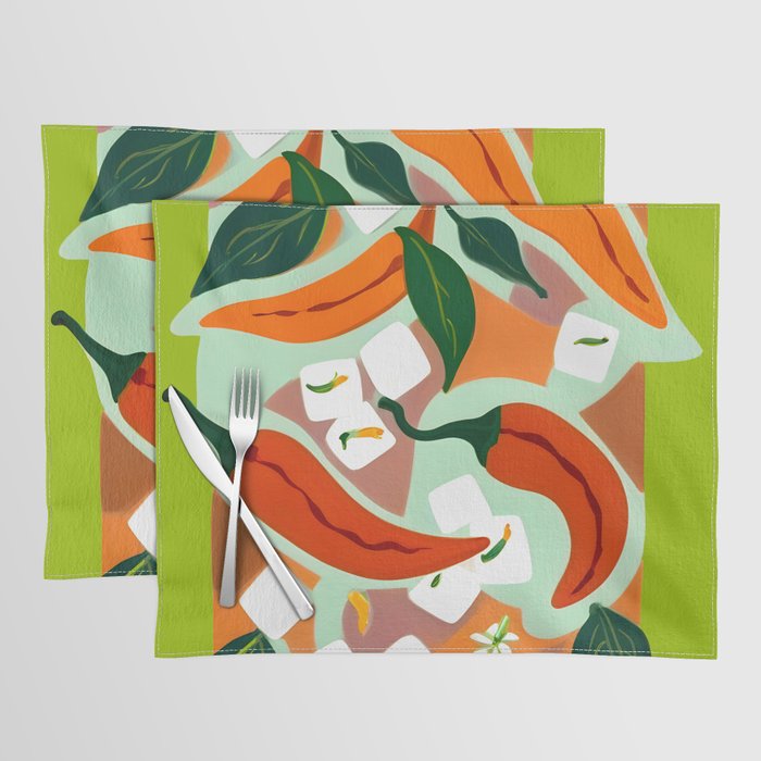 Chilies & Ice Cubes, Plants Botanical Contrast Veggies, Kitchen Cook Food, Spicy Recipe Eclectic Bohemian Painting Placemat Gallery Image 1