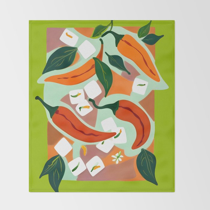 Chilies & Ice Cubes, Plants Botanical Contrast Veggies, Kitchen Cook Food, Spicy Recipe Eclectic Bohemian Painting Throw Blanket Gallery Image 2
