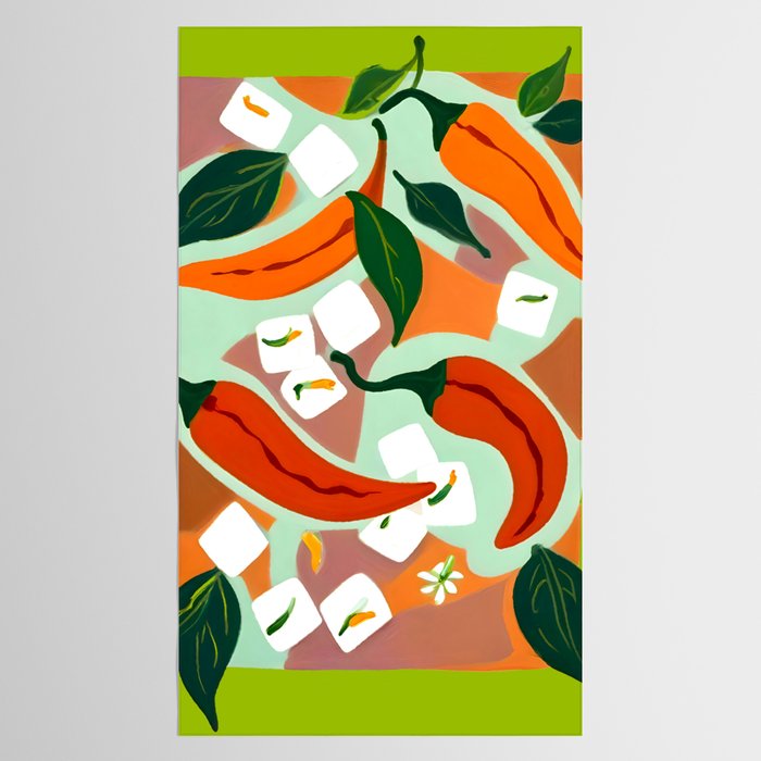 Chilies & Ice Cubes, Plants Botanical Contrast Veggies, Kitchen Cook Food, Spicy Recipe Eclectic Bohemian Painting Tablecloth Gallery Image 2
