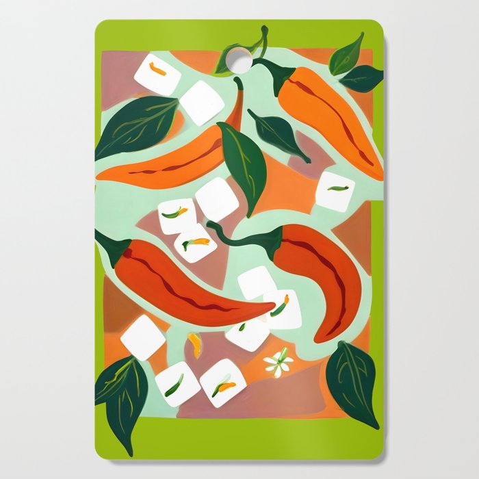 Chilies & Ice Cubes, Plants Botanical Contrast Veggies, Kitchen Cook Food, Spicy Recipe Eclectic Bohemian Painting Cutting Board Gallery Image 1