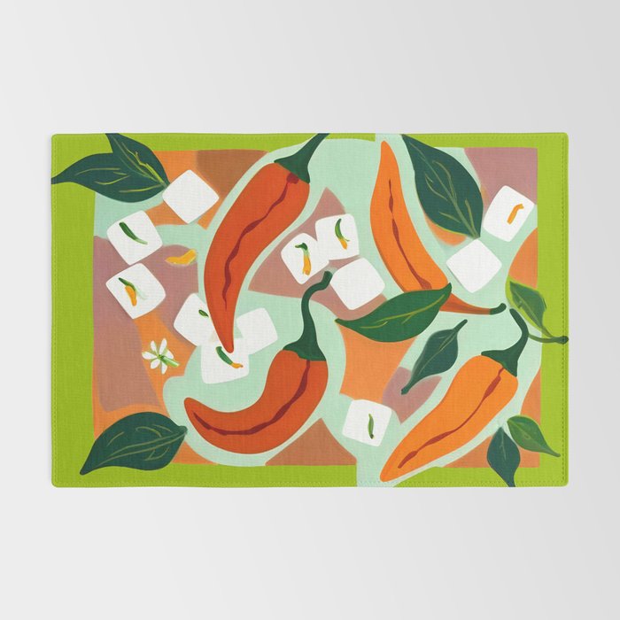 Chilies & Ice Cubes, Plants Botanical Contrast Veggies, Kitchen Cook Food, Spicy Recipe Eclectic Bohemian Painting Rug Gallery Image 2