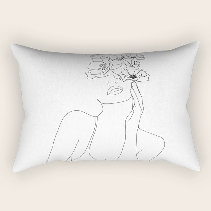 Minimal Line Art Woman with Flowers Rectangular Pillow Gallery Image 2