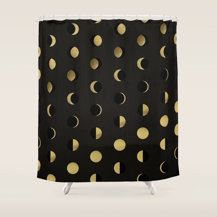 The Lunar Cycle â¢ Phases of the Moon - Black & Gold Palette Shower Curtain Gallery Image 1