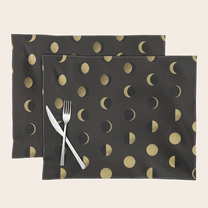 The Lunar Cycle â¢ Phases of the Moon - Black & Gold Palette Placemat Gallery Image 1