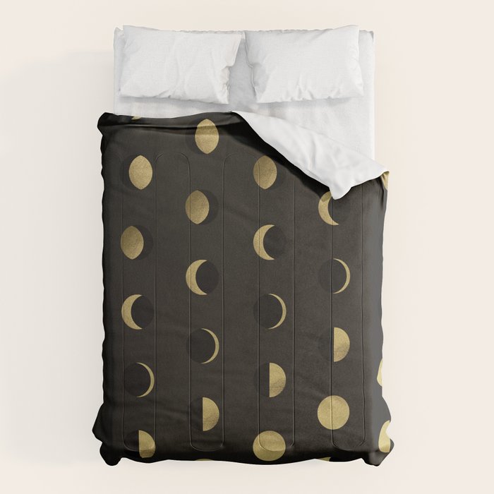 The Lunar Cycle â¢ Phases of the Moon - Black & Gold Palette Comforter Gallery Image 6