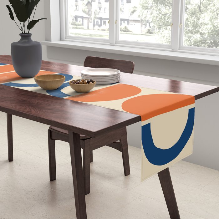 Mid Century Modern Scandinavian Pattern 534 Beige Blue and Orange Table Runner Gallery Image 2