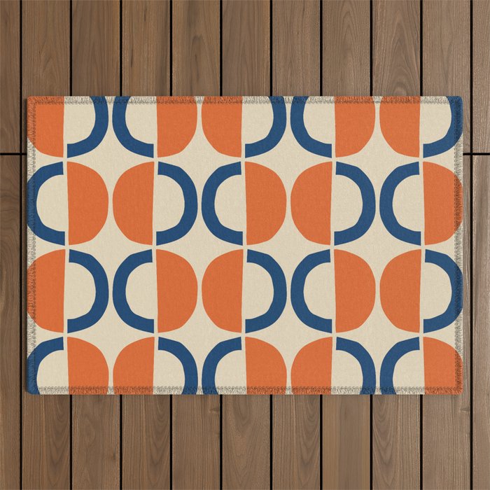 Mid Century Modern Scandinavian Pattern 534 Beige Blue and Orange Outdoor Rug Gallery Image 1