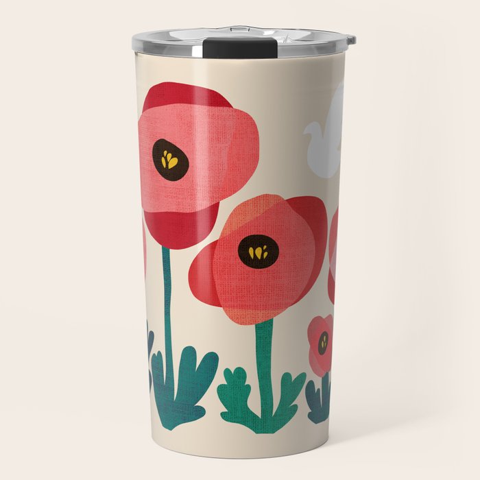 Poppy flowers and bird Travel Mug Gallery Image 1