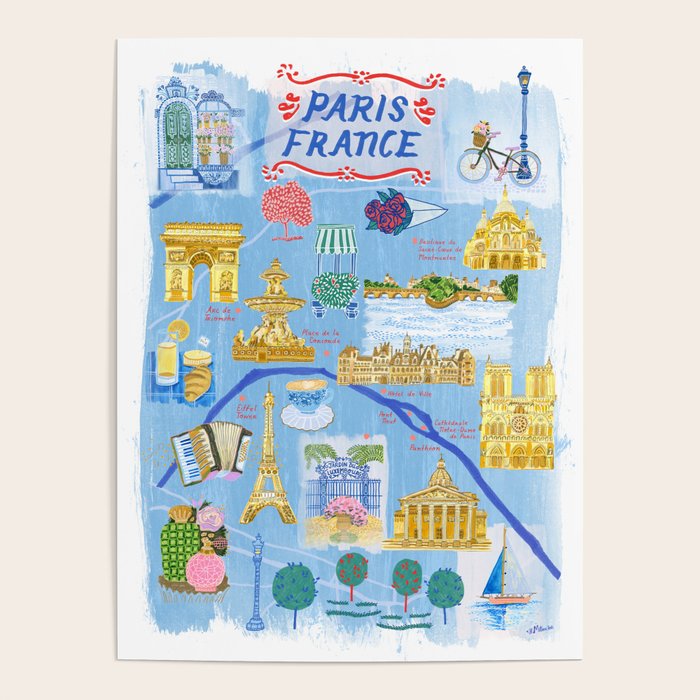 Paris France Map Illustration & Pattern in Blue Poster Gallery Image 1
