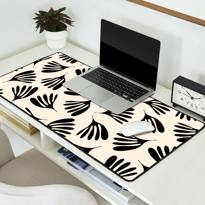 Wispy Leaves Contemporary Pattern in Black and Almond Cream Desk Mat Gallery Image 2