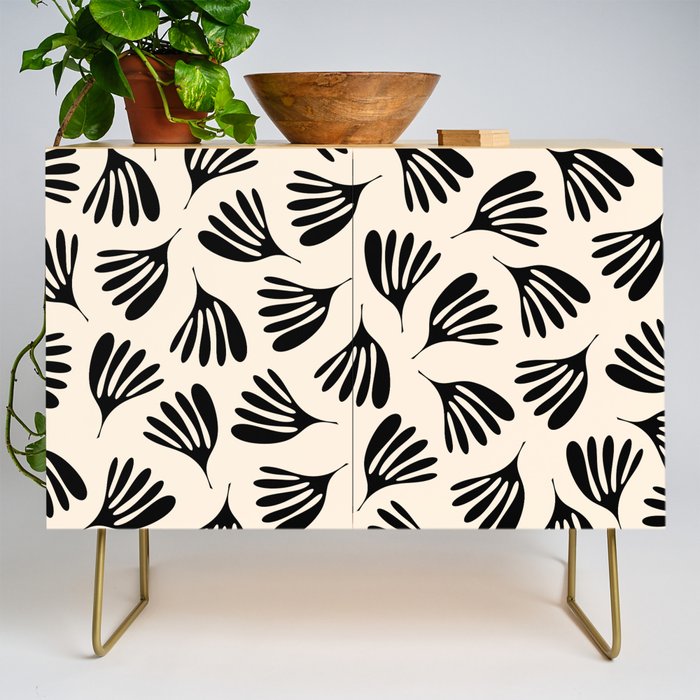 Wispy Leaves Contemporary Pattern in Black and Almond Cream Credenza Gallery Image 1