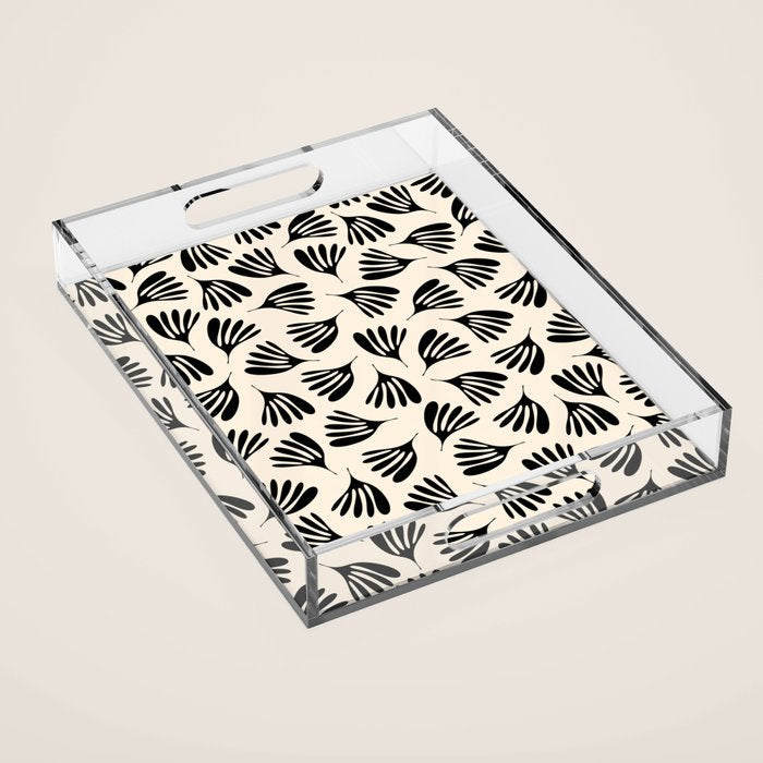 Wispy Leaves Contemporary Pattern in Black and Almond Cream Acrylic Tray Gallery Image 1