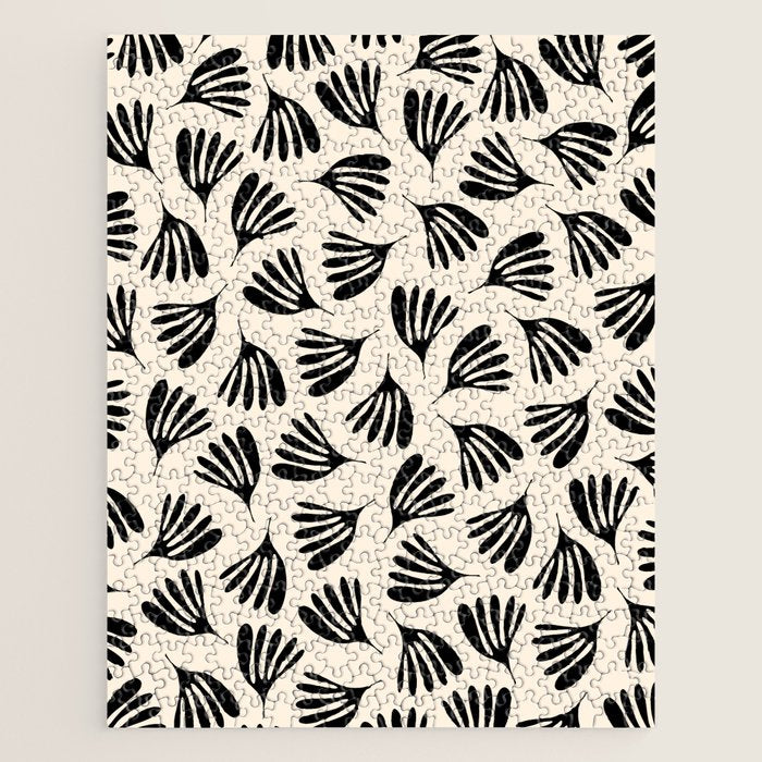 Wispy Leaves Contemporary Pattern in Black and Almond Cream Jigsaw Puzzle Gallery Image 1