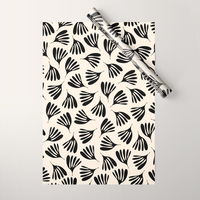 Wispy Leaves Contemporary Pattern in Black and Almond Cream Wrapping Paper Gallery Image 1
