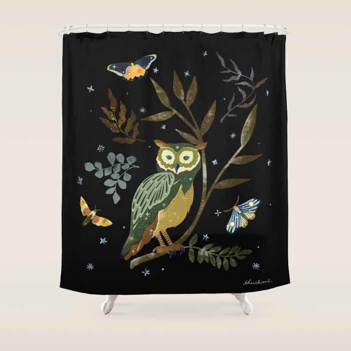 Moonlit Owl and Fluttering Moths Shower Curtain Gallery Image 1