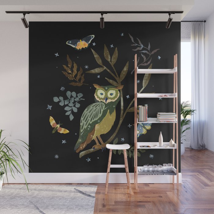 Moonlit Owl and Fluttering Moths Wall Mural Gallery Image 1