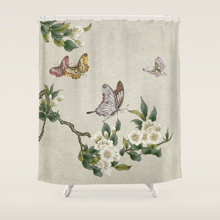 Pear flowers and butterflies type A - Minhwa : Koreafolkpainting Shower Curtain Gallery Image 1