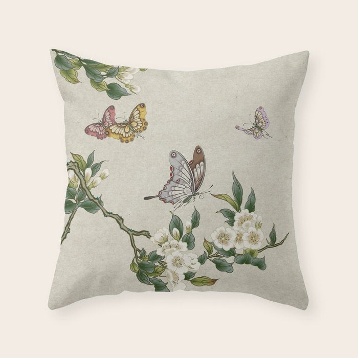 Pear flowers and butterflies type A - Minhwa : Koreafolkpainting Throw Pillow Gallery Image 1