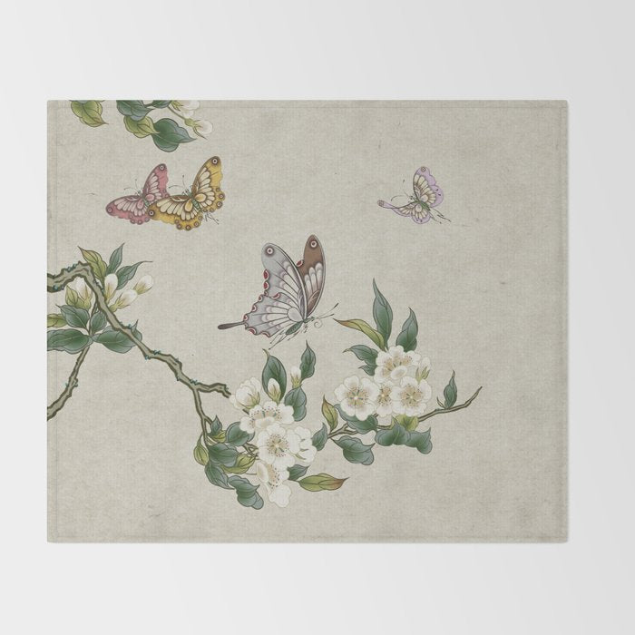 Pear flowers and butterflies type A - Minhwa : Koreafolkpainting Throw Blanket Gallery Image 2