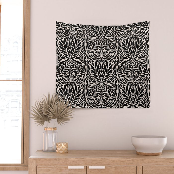 Black and White Folk Leaves  Wall Tapestry Gallery Image 2
