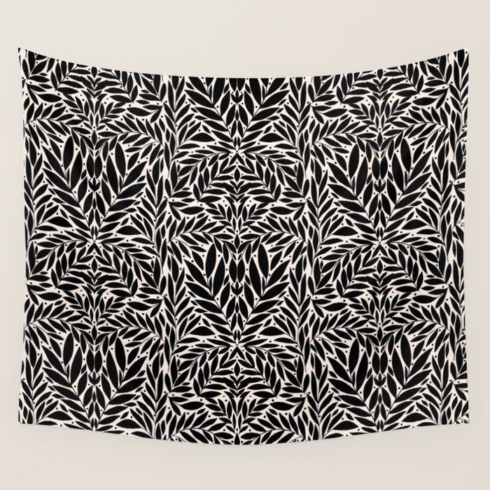 Black and White Folk Leaves  Wall Tapestry Gallery Image 1
