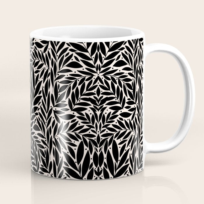 Black and White Folk Leaves  Coffee Mug Gallery Image 1