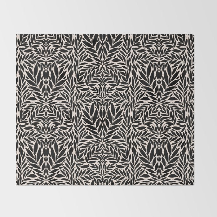 Black and White Folk Leaves  Throw Blanket Gallery Image 2