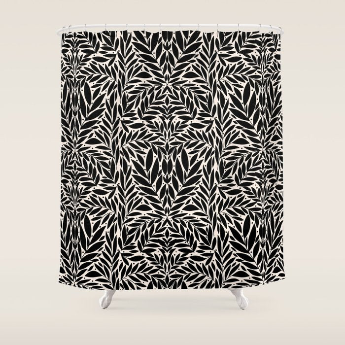 Black and White Folk Leaves  Shower Curtain Gallery Image 1