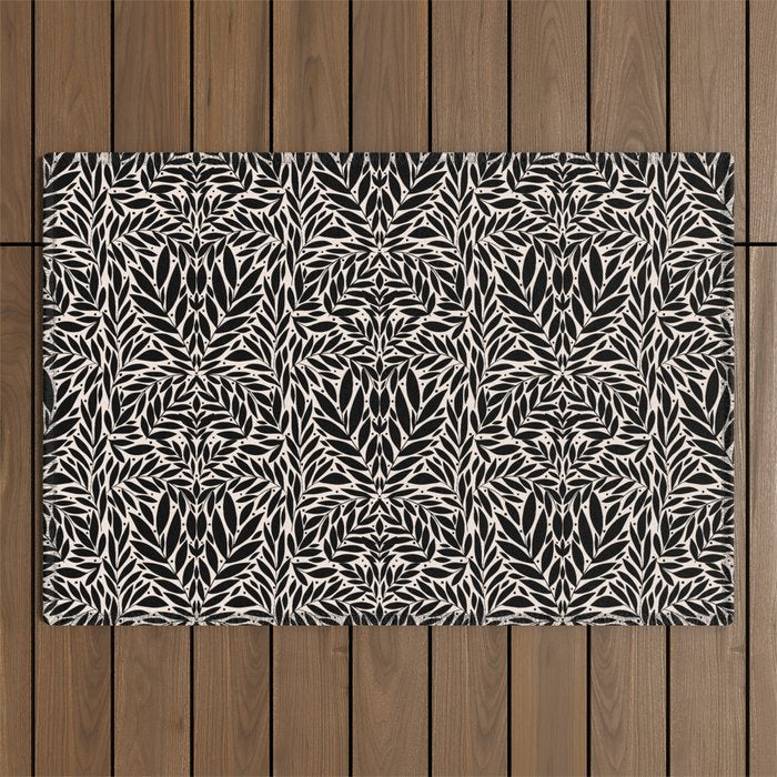 Black and White Folk Leaves  Outdoor Rug Gallery Image 1