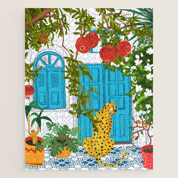 Cheetah Villa Architecture, Tropical Greece Jungle Animals, Botanical White Building & Boho Leopard Jigsaw Puzzle Gallery Image 1