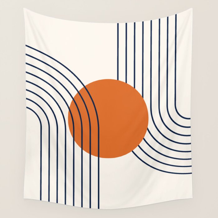 Geometric Lines in Navy Blue Orange 1 (Rainbow Abstraction) Wall Tapestry Gallery Image 4