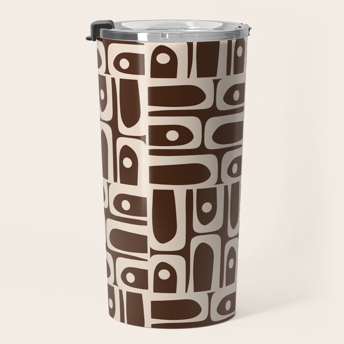 Mid Century Modern Piquet Abstract Multi Pattern 70s Brown and Beige Travel Mug Gallery Image 3