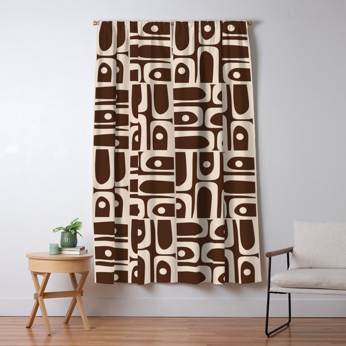 Mid Century Modern Piquet Abstract Multi Pattern 70s Brown and Beige Window Curtain Gallery Image 1