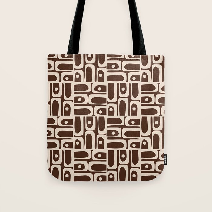 Mid Century Modern Piquet Abstract Multi Pattern 70s Brown and Beige Tote Bag Gallery Image 1