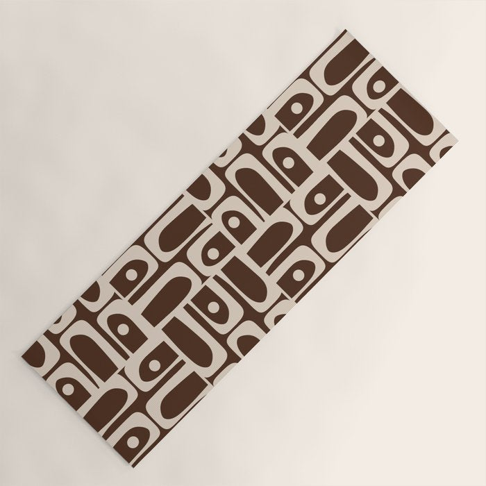 Mid Century Modern Piquet Abstract Multi Pattern 70s Brown and Beige Yoga Mat Gallery Image 1