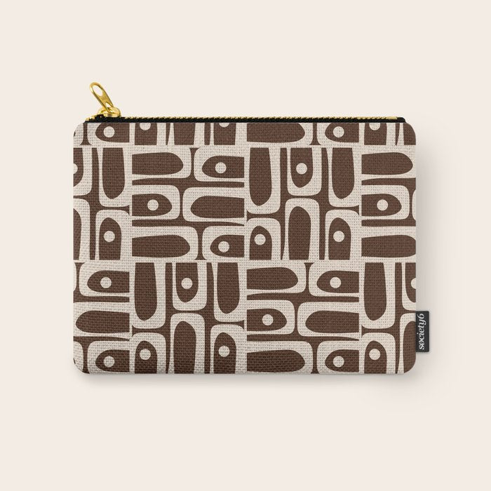 Mid Century Modern Piquet Abstract Multi Pattern 70s Brown and Beige Carry All Pouch Gallery Image 1