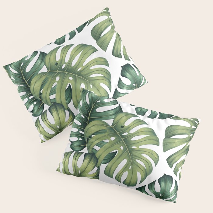 Monstera botanical leaves illustration pattern on white Pillow Sham Gallery Image 1