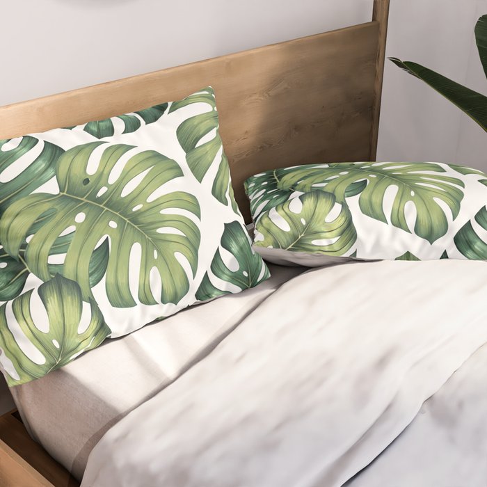 Monstera botanical leaves illustration pattern on white Pillow Sham Gallery Image 2