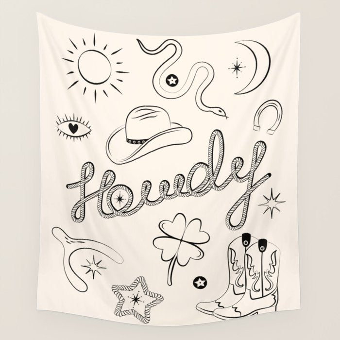 Howdy. Black and White Good Luck Charms Wall Tapestry Gallery Image 4