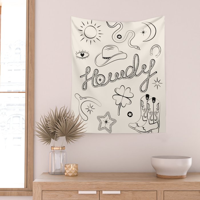 Howdy. Black and White Good Luck Charms Wall Tapestry Gallery Image 2