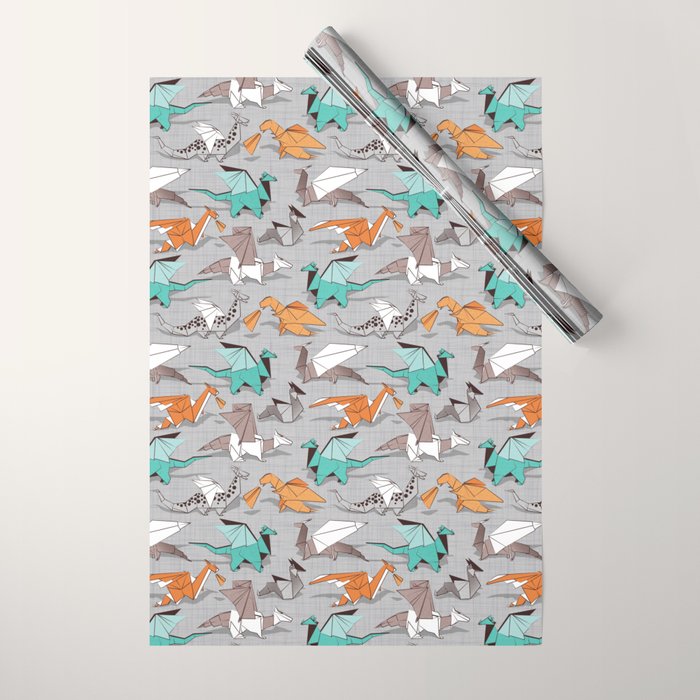Origami dragon friends // grey linen texture background aqua orange grey and taupe fantastic creatures Wrapping Paper Gallery Image 1