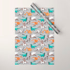 Origami dragon friends // grey linen texture background aqua orange grey and taupe fantastic creatures Wrapping Paper Gallery Image 1