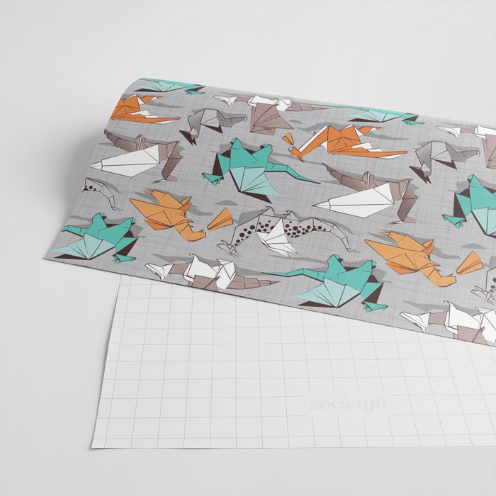 Origami dragon friends // grey linen texture background aqua orange grey and taupe fantastic creatures Wrapping Paper Gallery Image 2